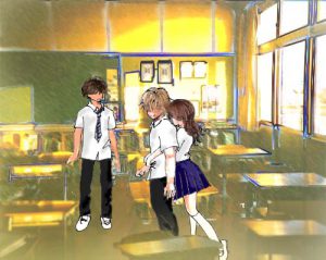 教室後ろから抱きつく女の子のイラスト